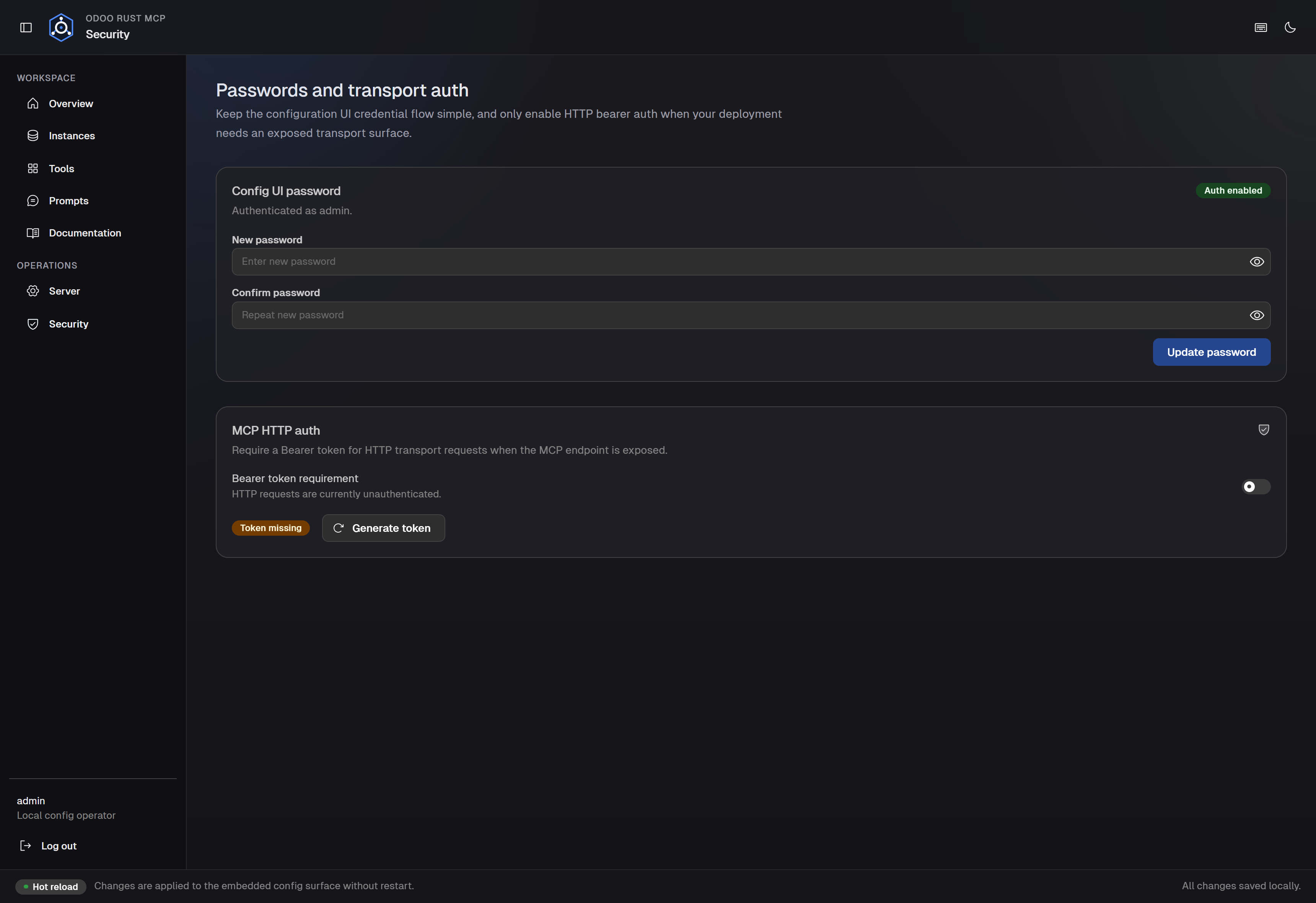 Security settings tab